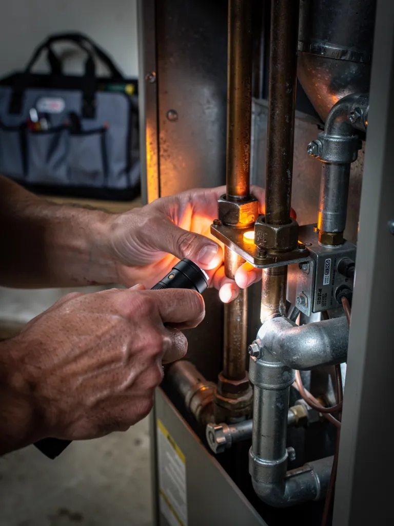 A technician's hands checking a gas furnace burner assembly by flashlight