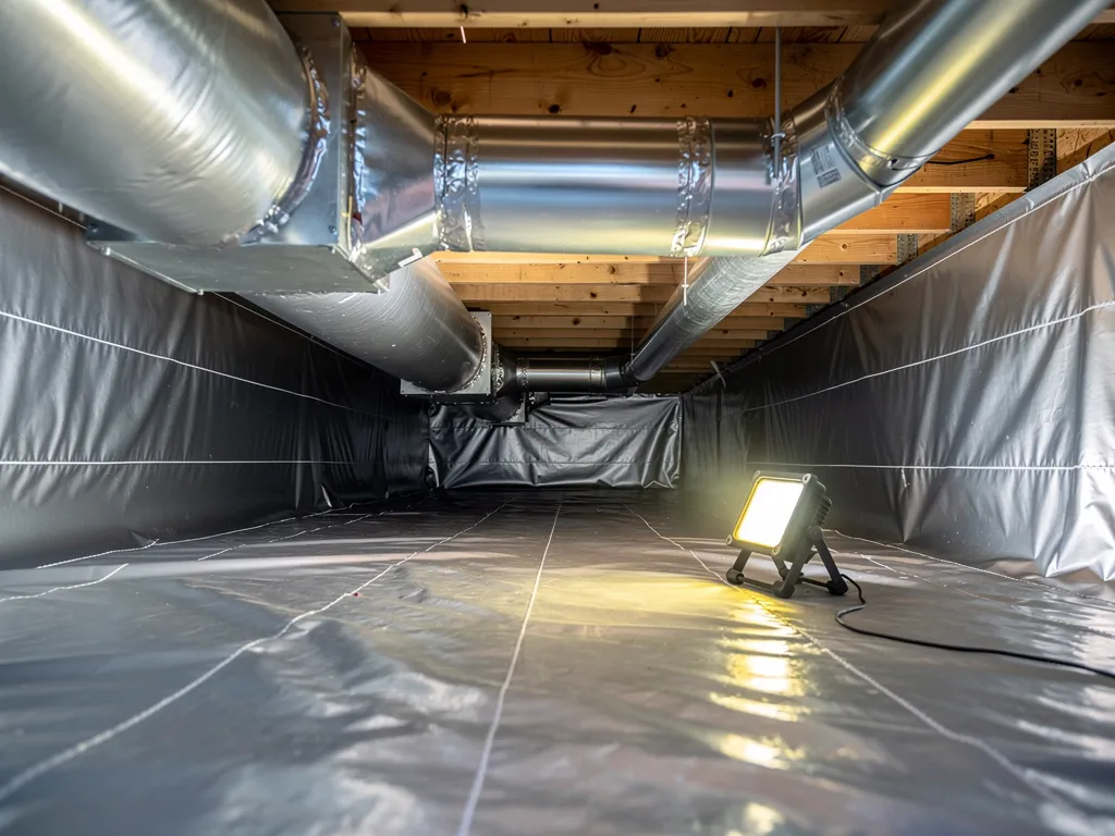 New sealed ductwork and fresh vapor barrier in a clean crawl space