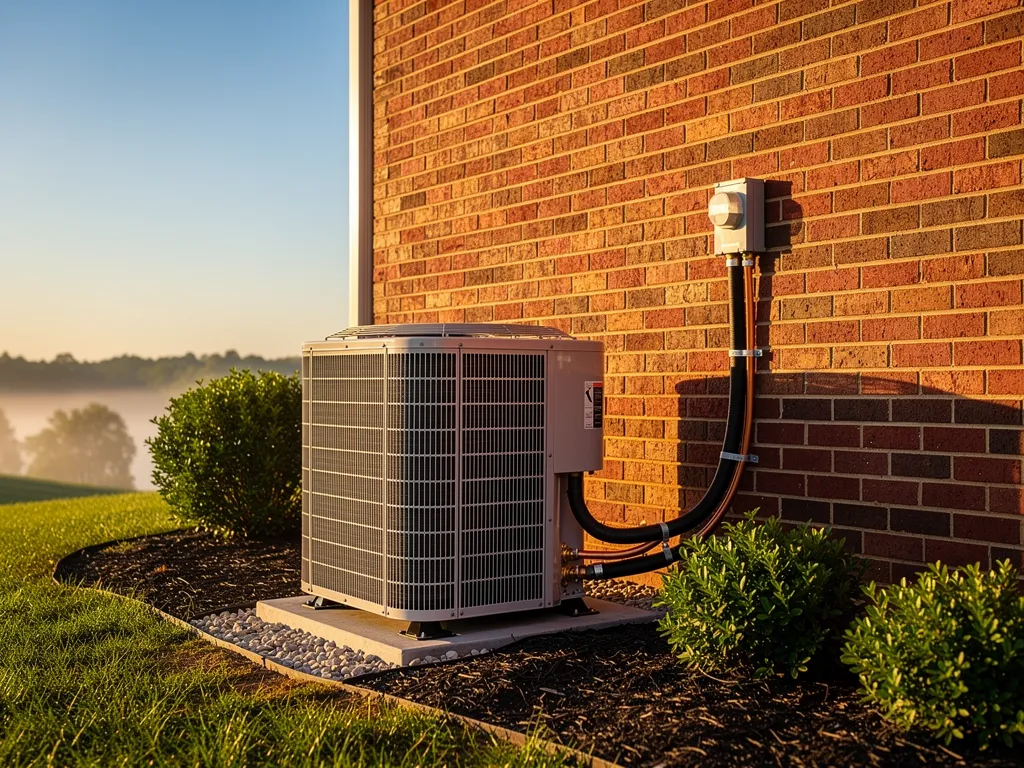 A clean, newly installed outdoor HVAC condenser beside a Charlotte brick home in warm morning light
